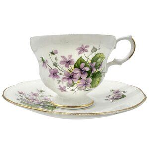 Royal Dover China Bone China Teacup w Saucer White Purple Violets Gold England